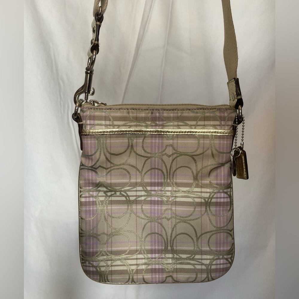 COACH Plaid Tartan Lilac Khaki with Metallic Gold Trim Cross Body Messenger Bag